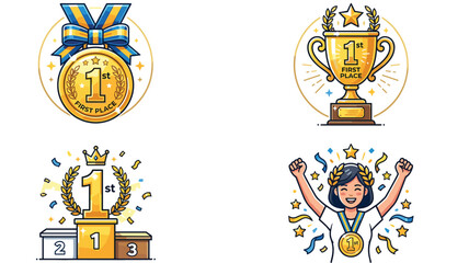 Fototapeta premium Vector illustrations of first place awards and victory celebrations with gold medals and trophies