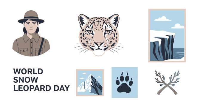 Graphic set for World Snow Leopard Day featuring a ranger leopard portrait mountain landscape paw print and twigs