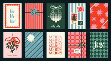 Naklejka premium Christmas and Happy holiday greeting card vector set. Elegant wallpaper with geometric Christmas elements and pattern . Holidays design illustration for cover, print, poster, Happy New Year, ads.