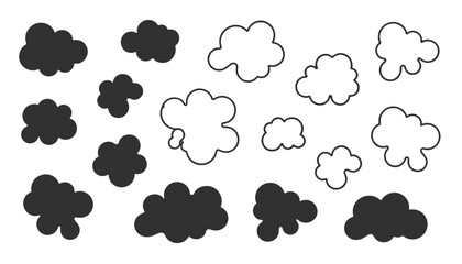 Obraz premium Collection of stylized vector cloud silhouettes and outlines in black and white styles isolated on a plain white background.