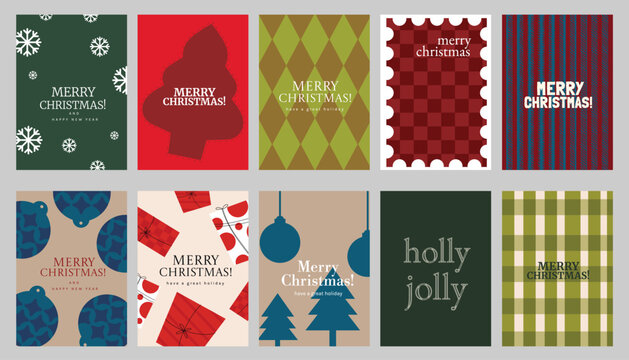 Christmas and Happy holiday greeting card vector set. Elegant wallpaper with geometric Christmas elements and pattern . Holidays design illustration for cover, print, poster, Happy New Year, ads.