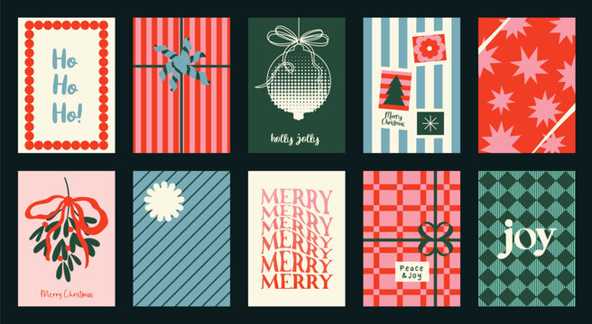 Christmas and Happy holiday greeting card vector set. Elegant wallpaper with geometric Christmas elements and pattern . Holidays design illustration for cover, print, poster, Happy New Year, ads.