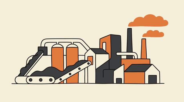Hand-drawn organic illustration of a modern industrial mining facility with conveyor belts and processing plant