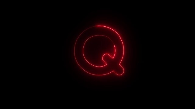 Glowing Neon Letter Q Animation with Red Light Effect on Black Background, Alphabet Typography, 4K Motion Graphics Loop