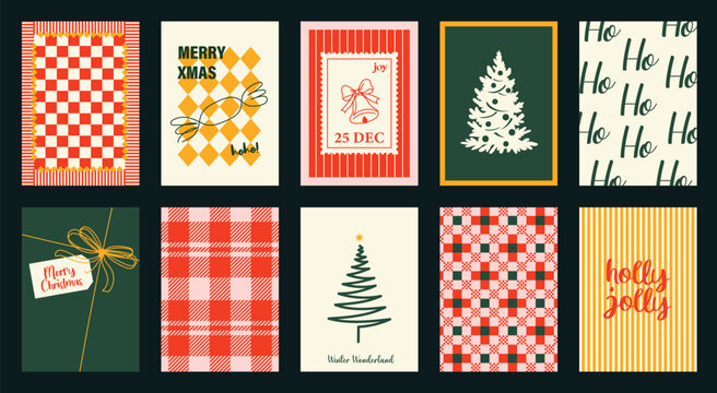 Christmas and Happy holiday greeting card vector set. Elegant wallpaper with geometric Christmas elements and pattern . Holidays design illustration for cover, print, poster, Happy New Year, ads.