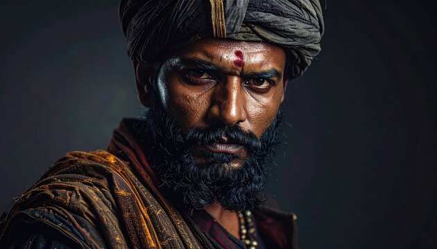 Portrait of a resolute warrior man in traditional turban.