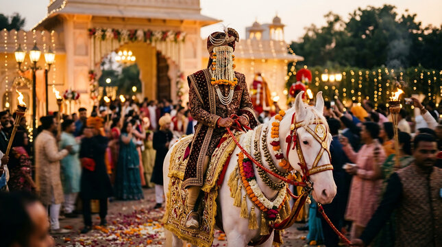 Single Groom on Decorated Horse in Sherwani with Floral Sehra Covering Face at Start of Baraat, Bright Outdoor Light, Authentic Grand Baraat Procession Groom Moment India