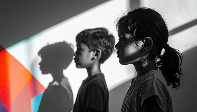 Two People Wearing Headsets Looking At A Colorful Screen Shadows On Wall.