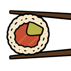 Sushi roll piece with tuna and avocado held by chopsticks illustration on transparent background © scal0av3