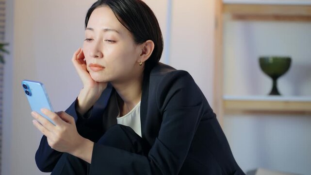 暗い部屋でスマホを見ながら悩むミドル女性。不安、心配、SNS、アプリ、疑問、不満、残念、落ち込む