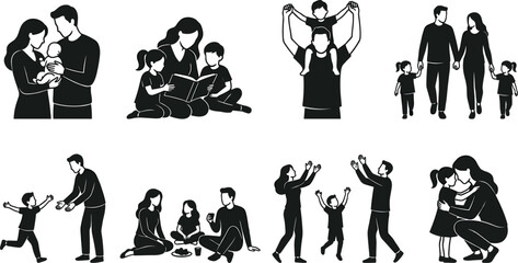 Obraz premium Happy family activities silhouette collection, parents and children bonding moments isolated vector illustration lifestyle set
