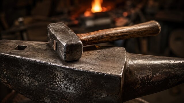 Heavy forging hammer resting on a well-worn anvil in a glowing blacksmith forge with blurred fire and metalworking tools in the background