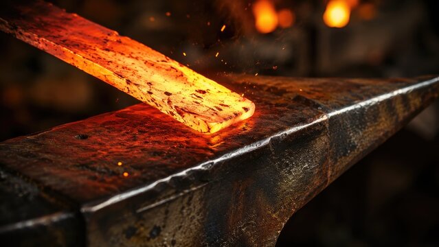 Glowing red-hot metal bar being forged on an anvil with sparks in a dim workshop