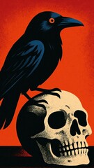 Naklejka premium Raven perched skull art.