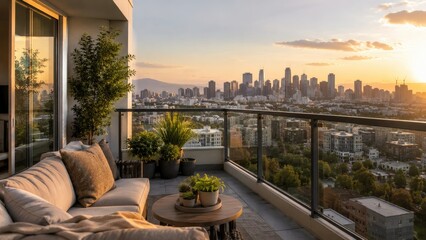 Obraz premium Sunset urban skyline seen from a modern balcony with sofa, coffee table and potted plants