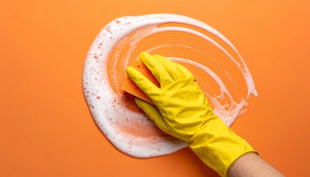 Cleaning glove sponge soap surface vivid contrast household symbolism
