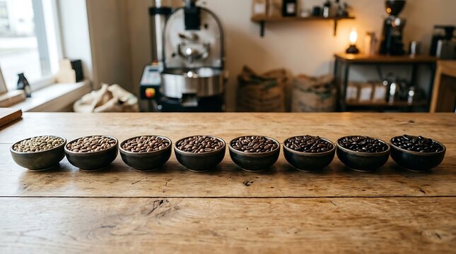 Coffee Bean Roasting Process Displayed in Bowls Showing Progression from Green to Dark Roast on Wooden Countertop
