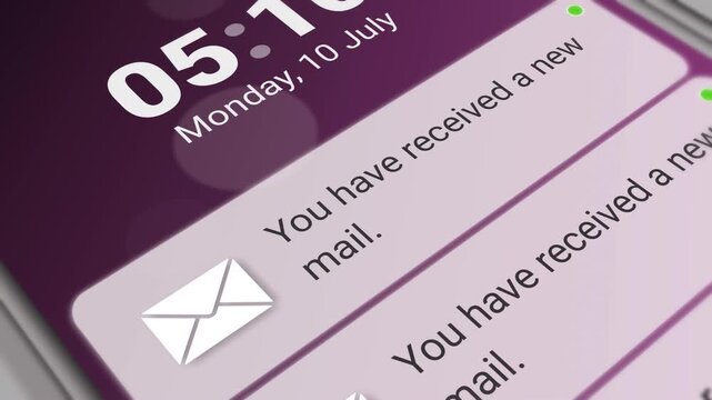 New mail notification. Push notification of New email arrived on mobile screen.