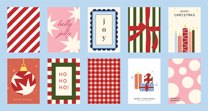 Christmas and Happy holiday greeting card vector set. Elegant wallpaper with geometric Christmas elements and pattern . Holidays design illustration for cover, print, poster, Happy New Year, ads.