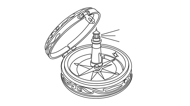 A stylized illustration of an open compass with a miniature lighthouse at its center, emitting light beams. The compass features a prominent wind rose and intricate detailing on its casing