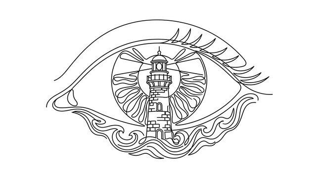An artistic line drawing of an eye reflecting a lighthouse in the sea, symbolizing vision, guidance, and hope