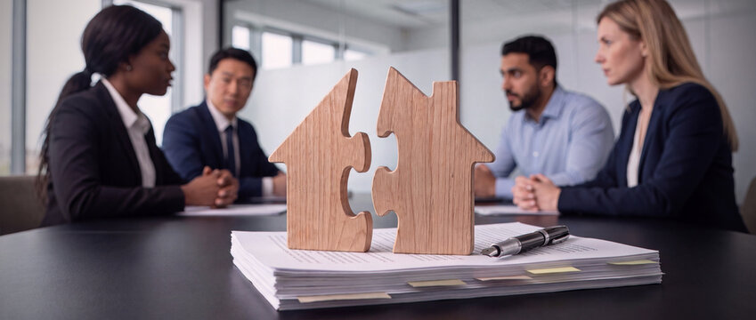 Property division negotiation mediation meeting for divorce settlement and real estate legal professionals dispute
