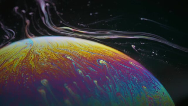 惑星のように丸く輝く虹色の油膜