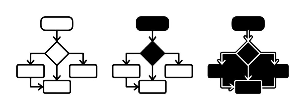 Flowchart Icons Set, Decision Tree Diagrams, Process Steps, Business Logic Flowcharts, Algorithm Visualizations, Workflow Charts, Vector Graphics