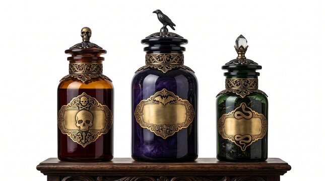 Row of Three Spooky Gothic Ornate Poison and Potion Bottles with Labels on White Background