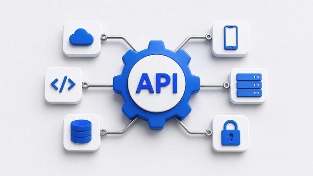 Blue API gear icon connected to tech icons representing cloud, mobile, code, server, database and security