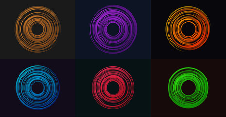 Abstract glowing light circles set, futuristic neon swirl rings on dark background, 6 colorful energy vortex vector elements for technology design © Gullfam