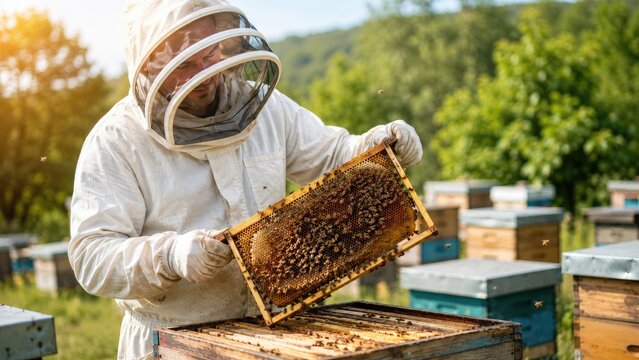 Beekeeper in protective suit inspects honeycomb frame covered with bees at an outdoor apiary