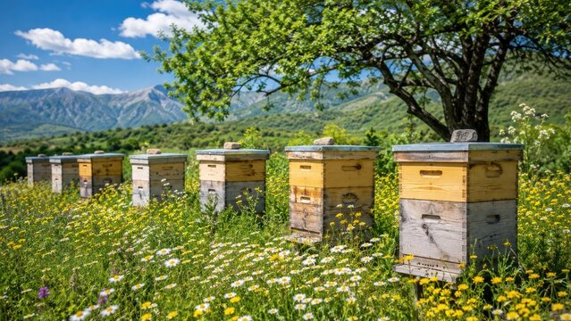 Row of wooden beehives in a wildflower meadow beneath a tree with mountains and blue sky