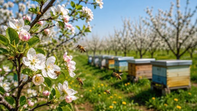 Honeybees pollinating apple blossoms in a spring orchard with rows of colorful beehives