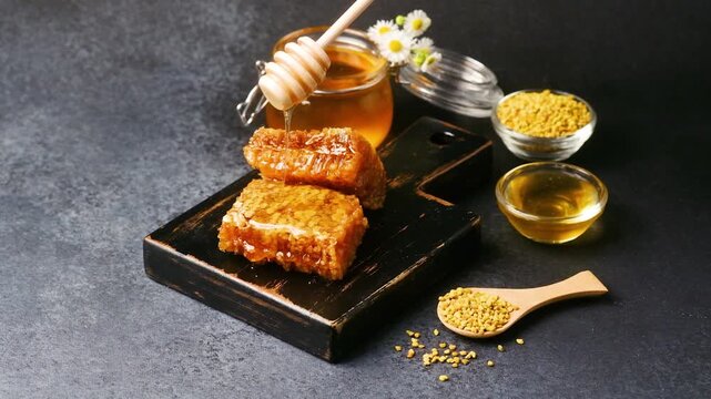 Honeycomb and bee pollen presented on a dark background