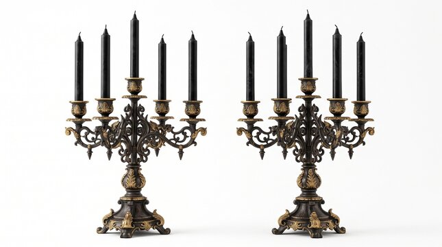 Pair of Spooky Gothic Ornate Black and Gold Candelabras with Black Candles on White Background