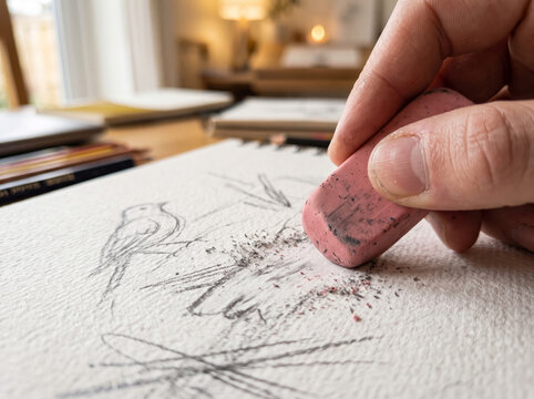 Hand Erasing Pencil Sketch Lines On Paper Using Rubber Eraser