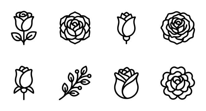 Elegant Rose Icons Vector Set, Delicate Floral Line Art Collection for Romantic Design, Botanical Outline Graphics