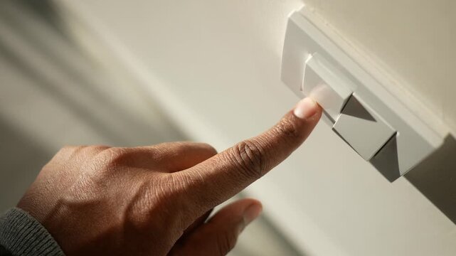 Close-up cinematic footage of dark-skinned hand turning off and on the white modern light switch on a white wall in a room or office