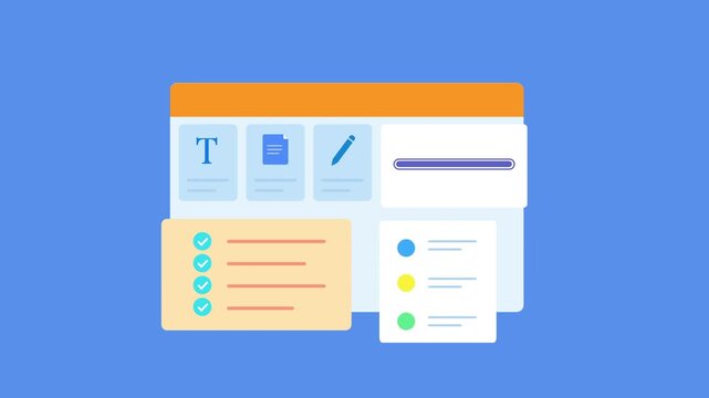 Flat vector animated content editing dashboard featuring text formatting, document editing, checklist, and workflow interface. Ideal for business, publishing, productivity, and technology motion graph