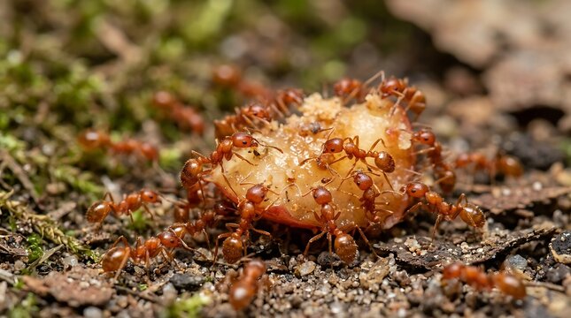Close-up of ants gathering around food