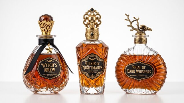 Spooky Halloween Set of Three Vintage Crystal Potion Bottles with Gold Accents and Labels on White Background