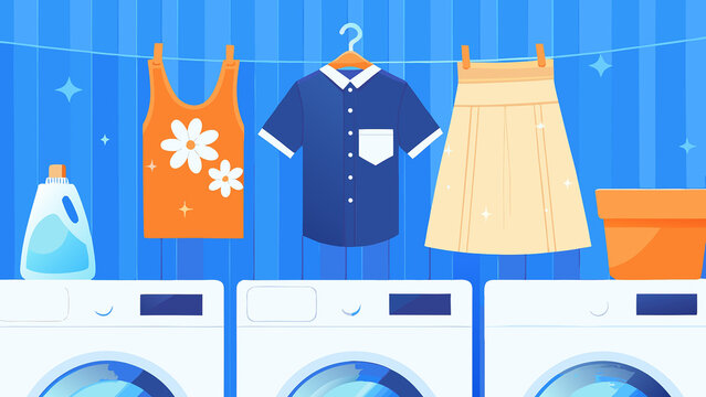 Laundry Service with Washing Machine and Hanging Clothes Flat Vector Illustration