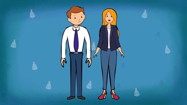 2D animation of a formal couple man in shirt tie and blonde woman standing together blue pattern background