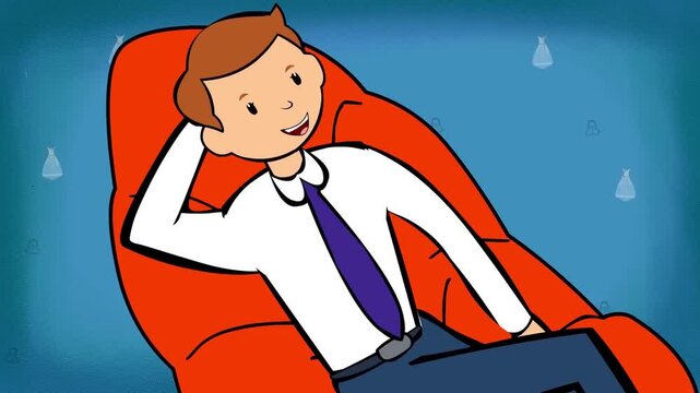 2D animation close up of a businessman in shirt and tie resting comfortably on a red armchair chair or sofa