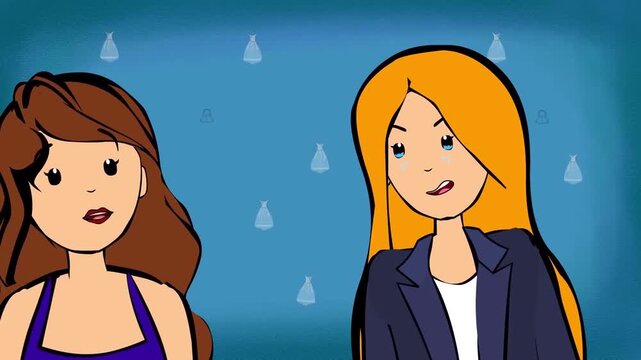 2D animation portrait of two women a brunette and a blonde standing side by side blue pattern background