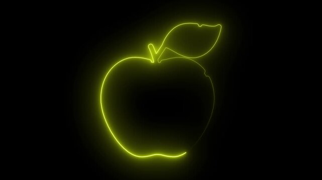 Glowing yellow neon apple fruit icon outline with leaf isolated on black background, perfect for healthy lifestyle, food, and technology concept.