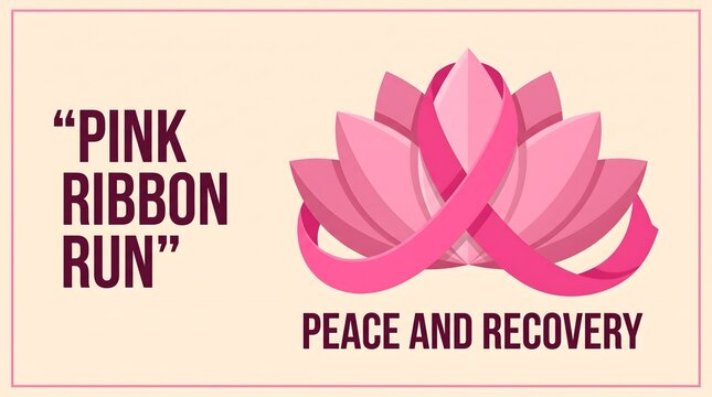 Pink ribbon run graphic featuring a lotus flower design for breast cancer awareness and peaceful recovery support campaign
