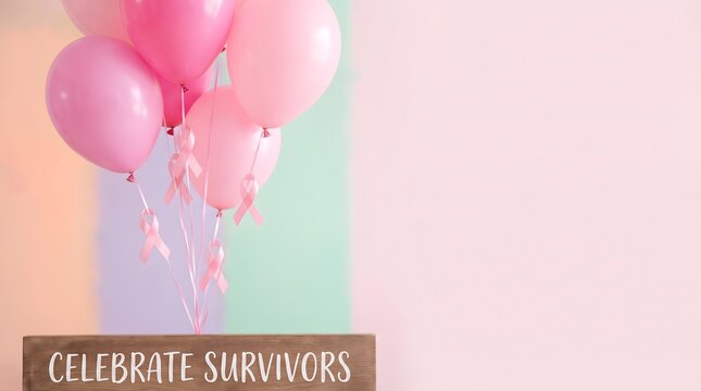 A festive bunch of pink balloons floating against a soft pastel colored background for a birthday party celebration