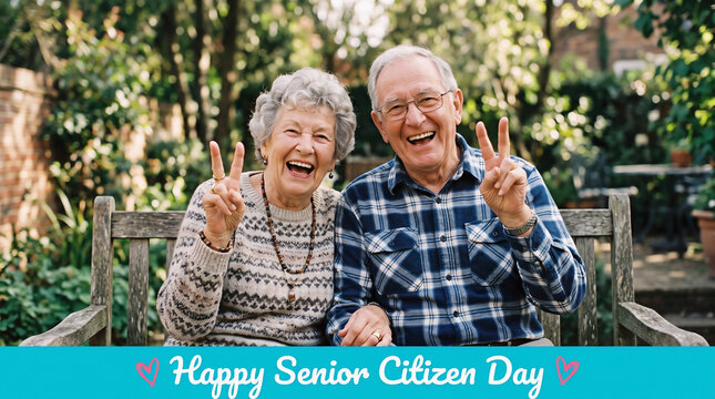 Happy Senior Citizen Day Elderly Couple Laughing Peace Sign Candid Warm Photo Cyan Greeting Card Portrait